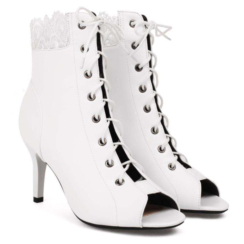 Women's Ankle Boots 2025 Summer Shoes Black White Fashion High Heels Peep toe Short Jazz Dance Boots Ladies Lace-up