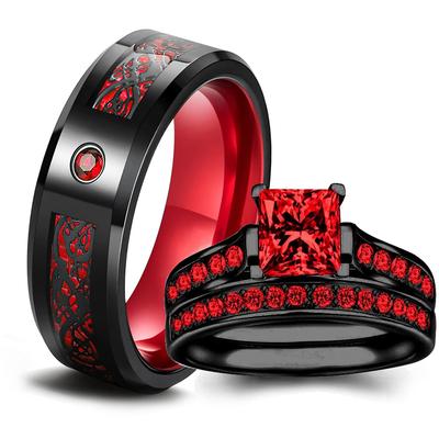 Anillos de Pareja Románticos para Mujer Anillos de Circonita Cúbica con Pedrería Roja Juego de Anillos de Moda para Hombre Acero Inoxidable Anillos de Dragón Celta Alianza de Boda Joyería