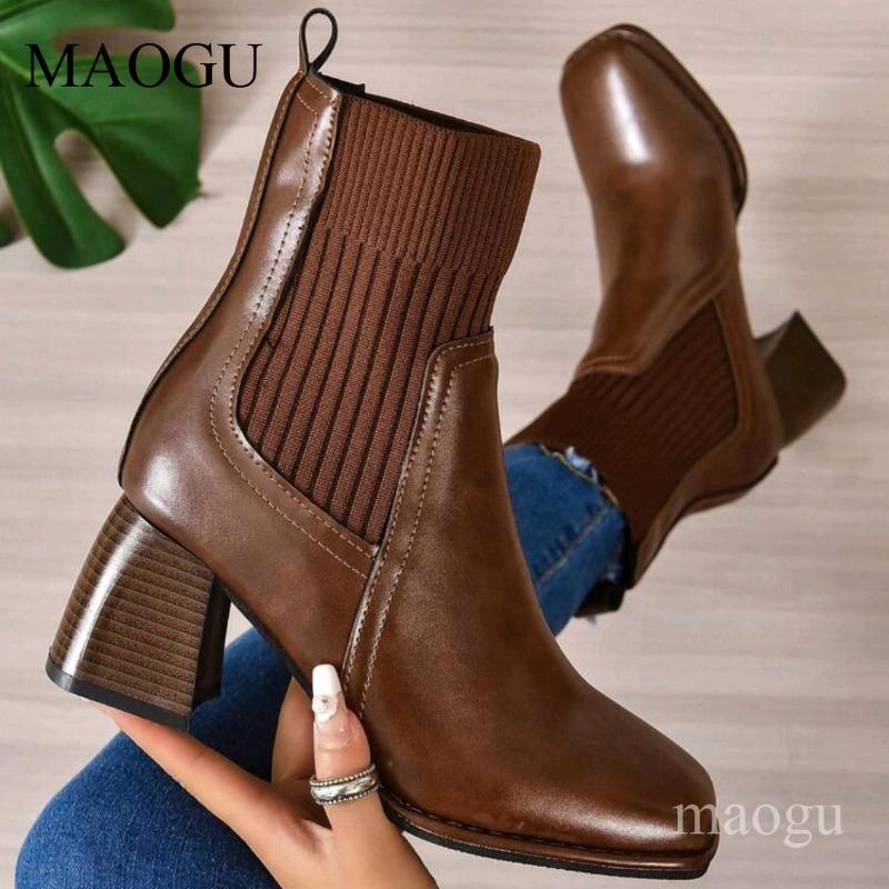 

Brown Chunky Heel Ankle Boots Women Square Toe Knit Sock Boots Comfortable Retro Style Dress Shoes for Woman Casual Wear Botas 42 коричневий