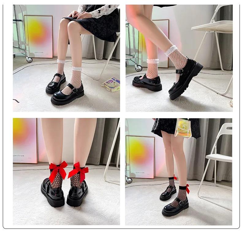 Chic Streetwear Women's Harajuku Black Breathable knot Lace Fishnet Socks.Sexy Hollow out Mesh Nets Socks Ladies Girl's Bow Sox