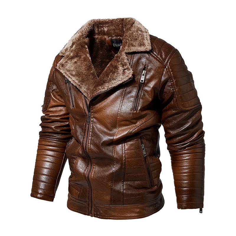 Giacca in pelle vintage da uomo, giacca in pile invernale da uomo, calda, con collo in pelliccia sintetica