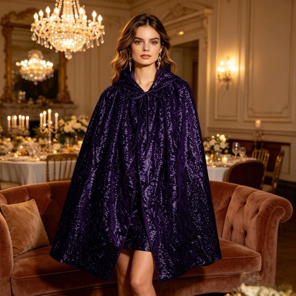 Women's Color Sequined Hooded Cape, Performance Stage Costume for Holiday Fancy Dress, 100cm