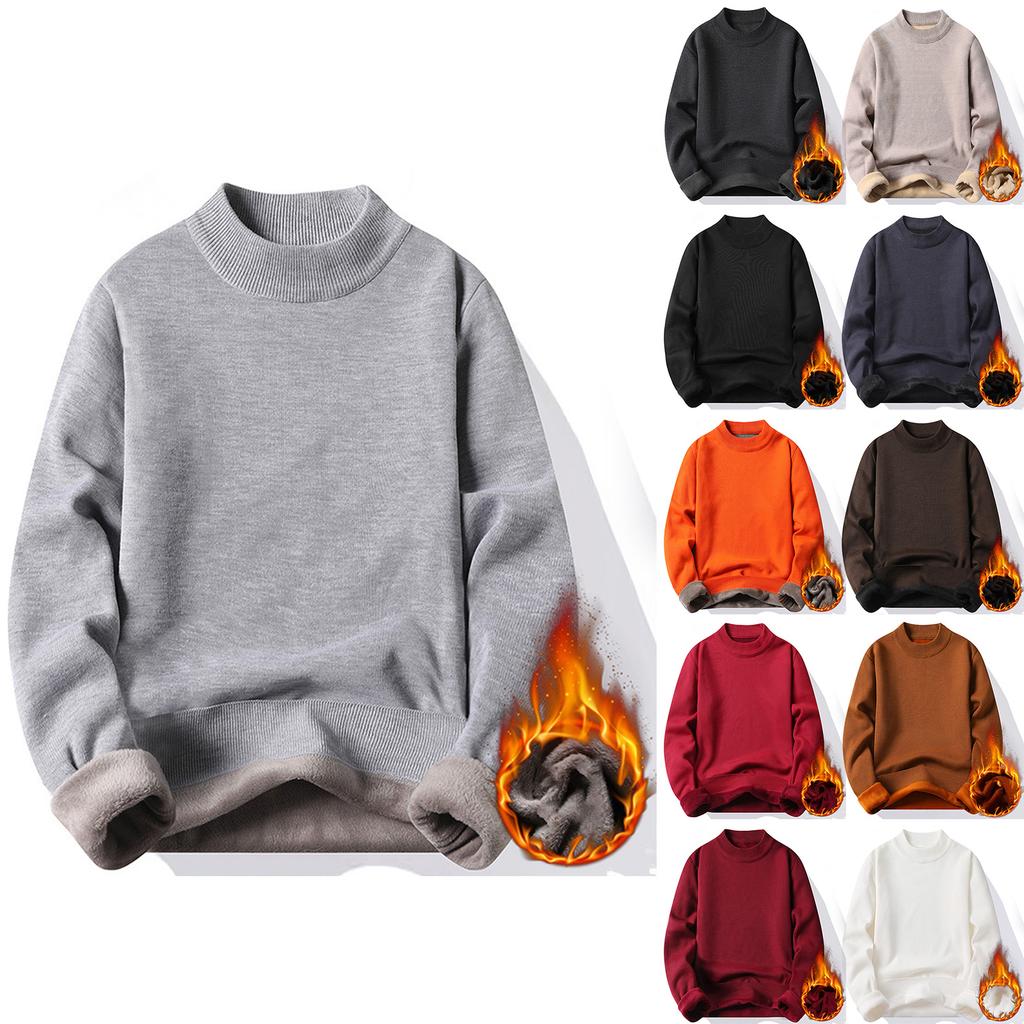 Men's Solid Color Plus Fleece Sweater Knitted Sweater Men's Casual Plus Fleece Bottoming Shirt