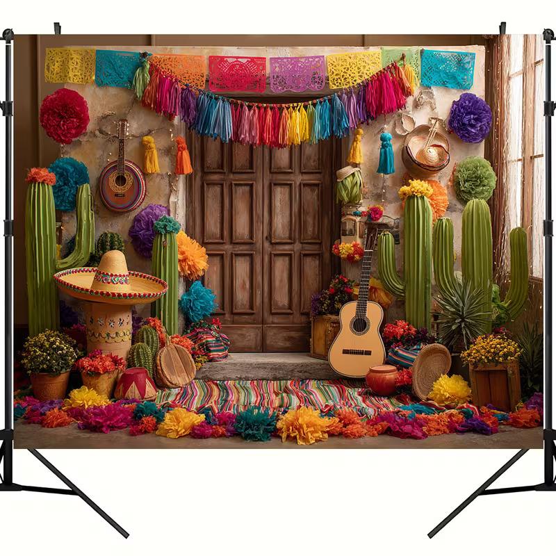2D Mexican Fiesta Backdrop, Cinco De Mayo Cactus Guitar Photography Background