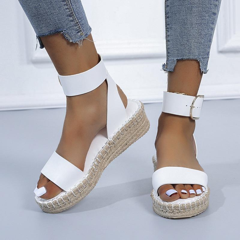 Spring and summer new belt buckle one-word wedge sandals women's flat-bottomed sewing line hollow open-toed sandals
