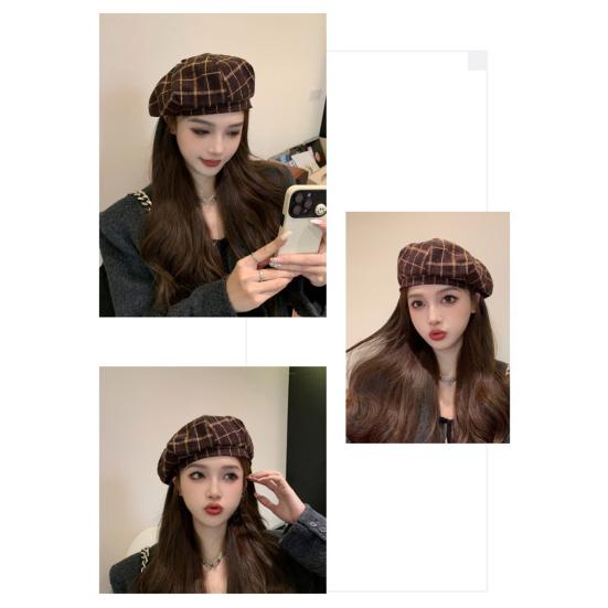 Frauen Winter Baskenmütze Plaid Print Kontrast Farbe Elastische Einstellbar Weiche Warme Dekorative Dome Dame Kappe Maler Hut