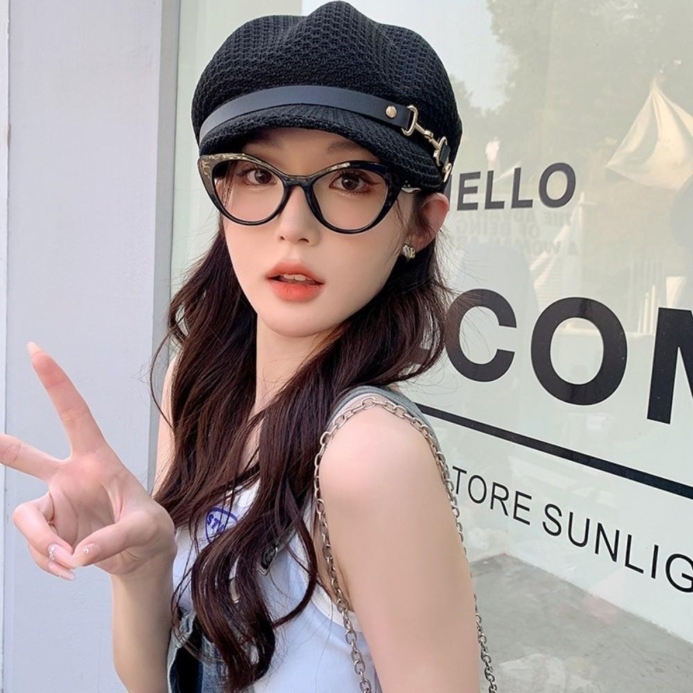 Casual Hollow Octagonal Beret Hat Breathable Spring Summer Beach Straw Hat Leather Buckle Painter Hat Sunshade Cap