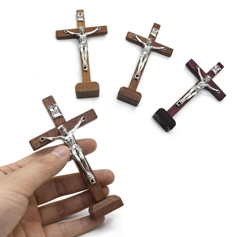 1Pc Wood Catholic Crosses Shelf Church Desktop Decoration Standing Crucifix Decors