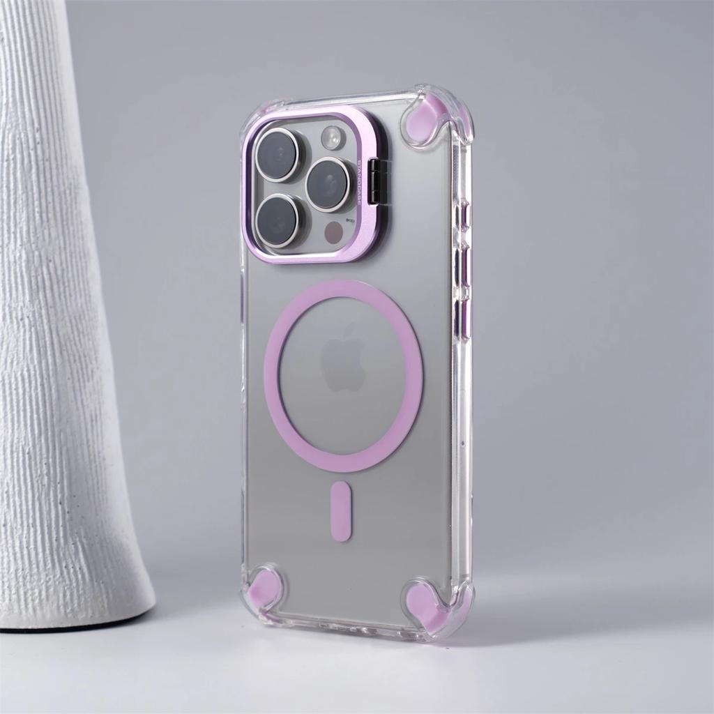 Alloy Camera Stand Holder for Magsafe Phone Case For iPhone 16 Pro Max 15 Pro 14 13 12 11 Airbag Anti-fall Clear Acrylic Cover