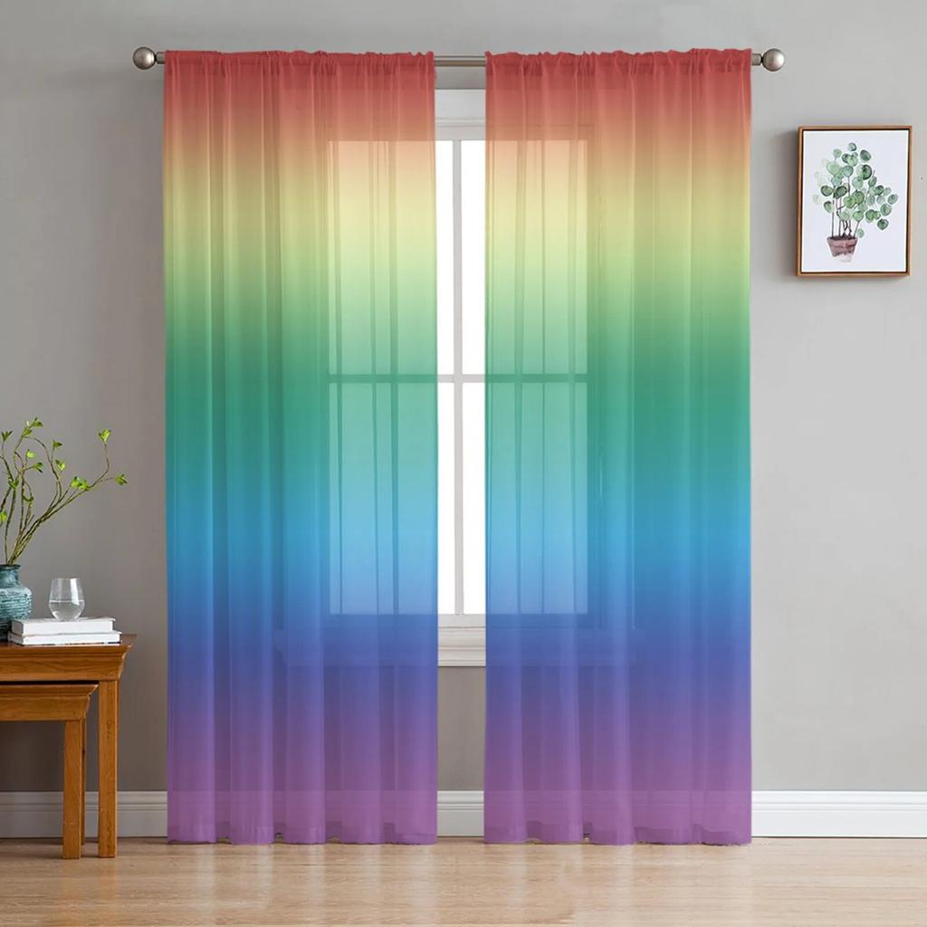 Candy Rainbow Stripes Sheer Voile Curtains for Living Room Printed Tulle Window Curtain Luxury Home Balcony Decor Drapes