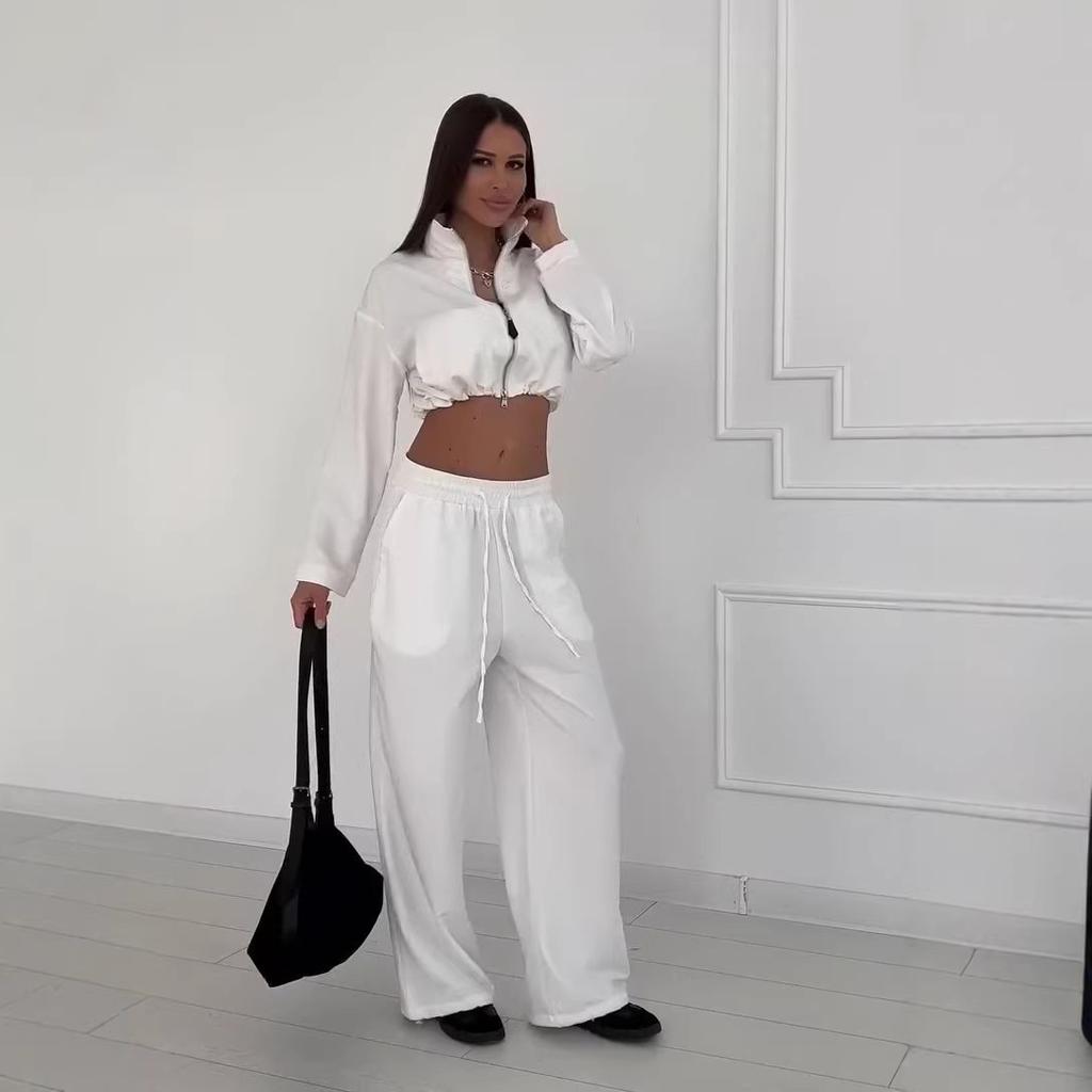 26 Europe, America, Amazon cross-border women's clothing new casual sports style zipper short top wide-leg pants set