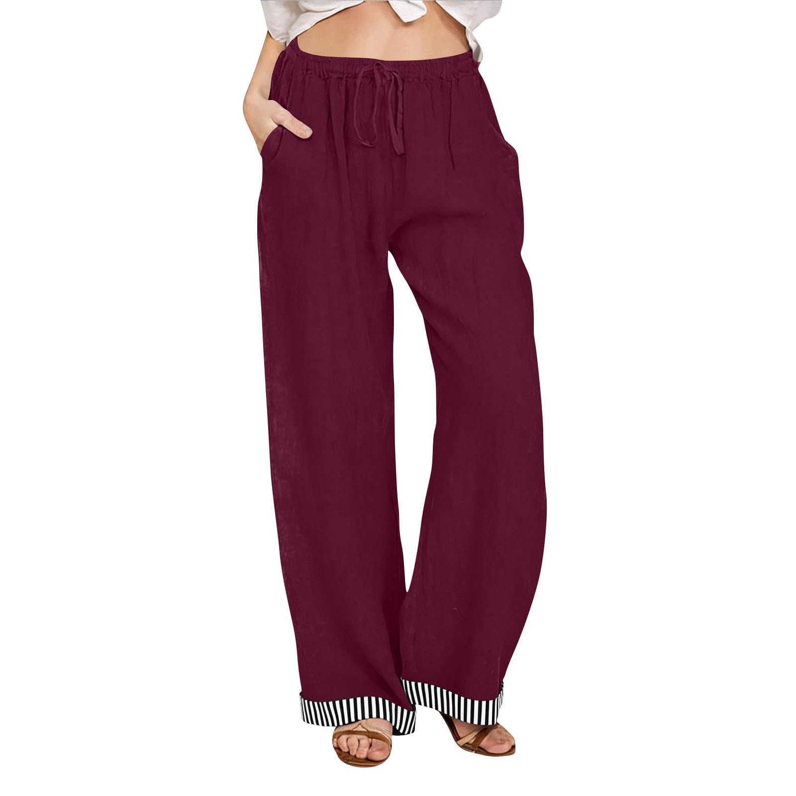 

Women s Fashion Color Stripe Patchwork Elastic Waist Pocket Loose Casual Pants XL винний