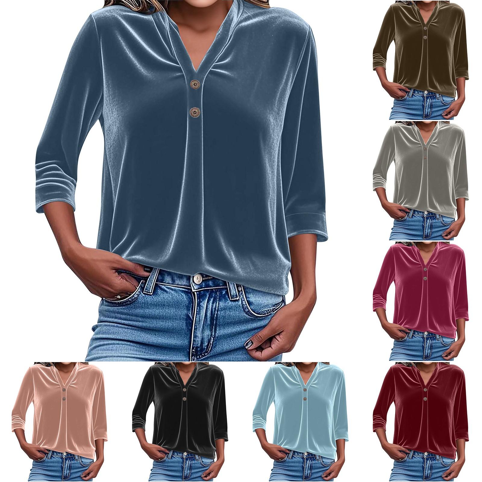 

Women s Golden V-neck Button Down Shirt Loose Solid Colour Seven Sleeve Top XL червоний