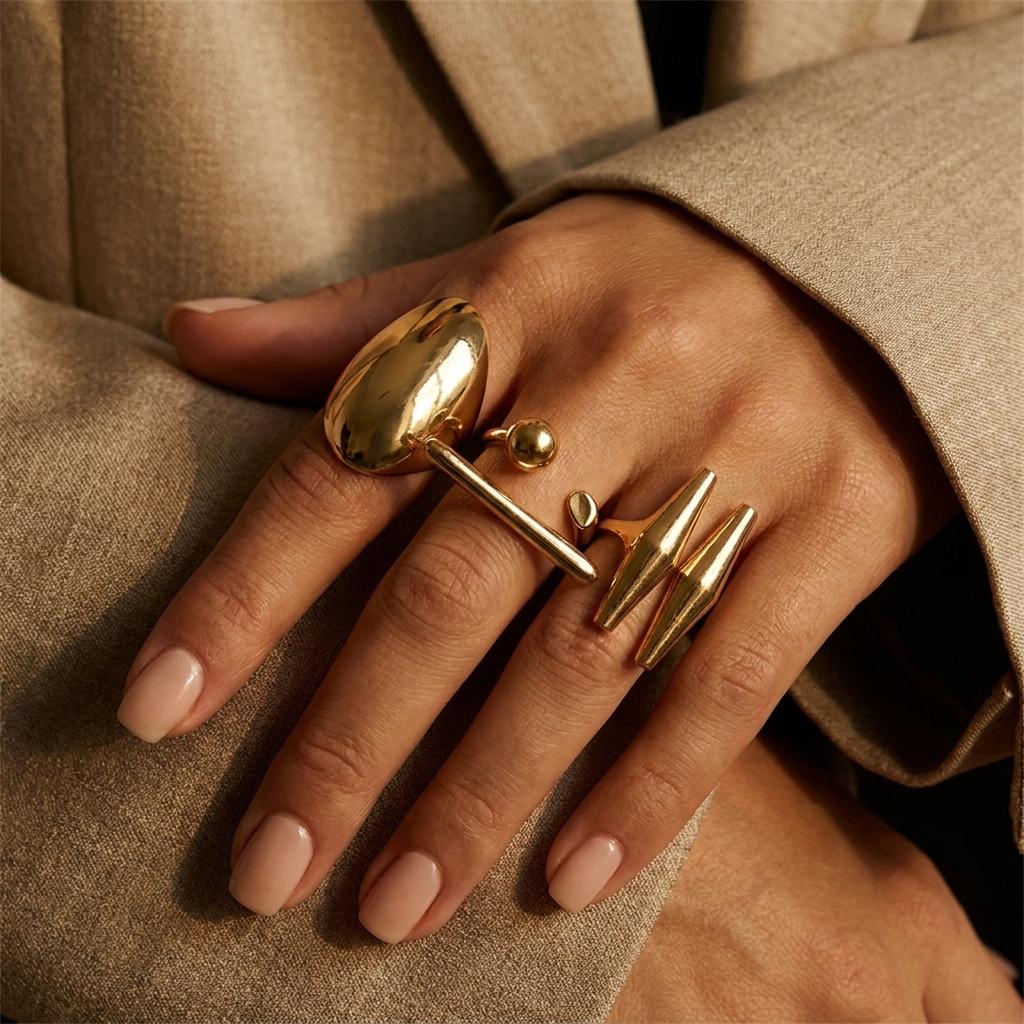 Bold Geometric Curved Faceted Open Knuckle Ring Set for Women Stackable Chunky Articulated Finger Jewelry Gold Tone