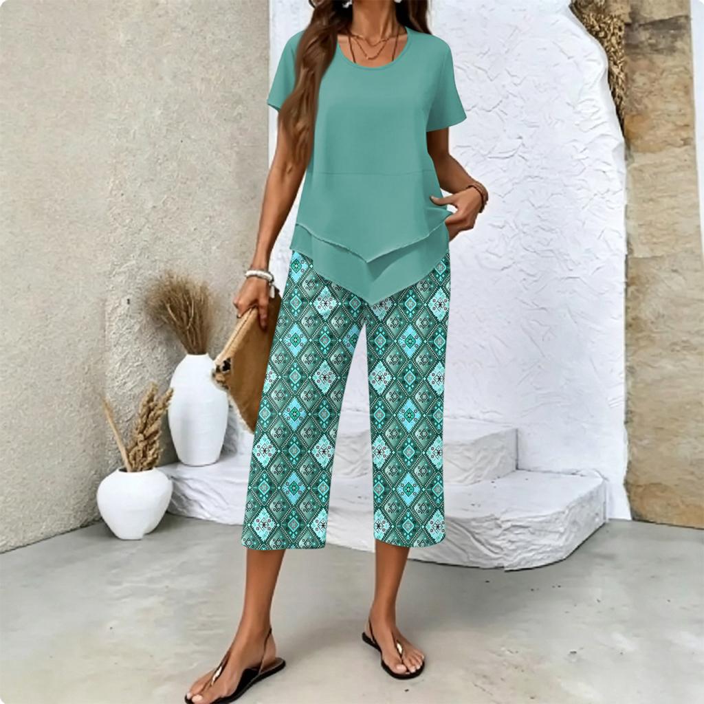 Women's Casual Short Sleeve Printed T-Shirt and Pants Set - Round Neck Summer Top with 3/4 Length Bottoms - Fashionable Outfit for Women