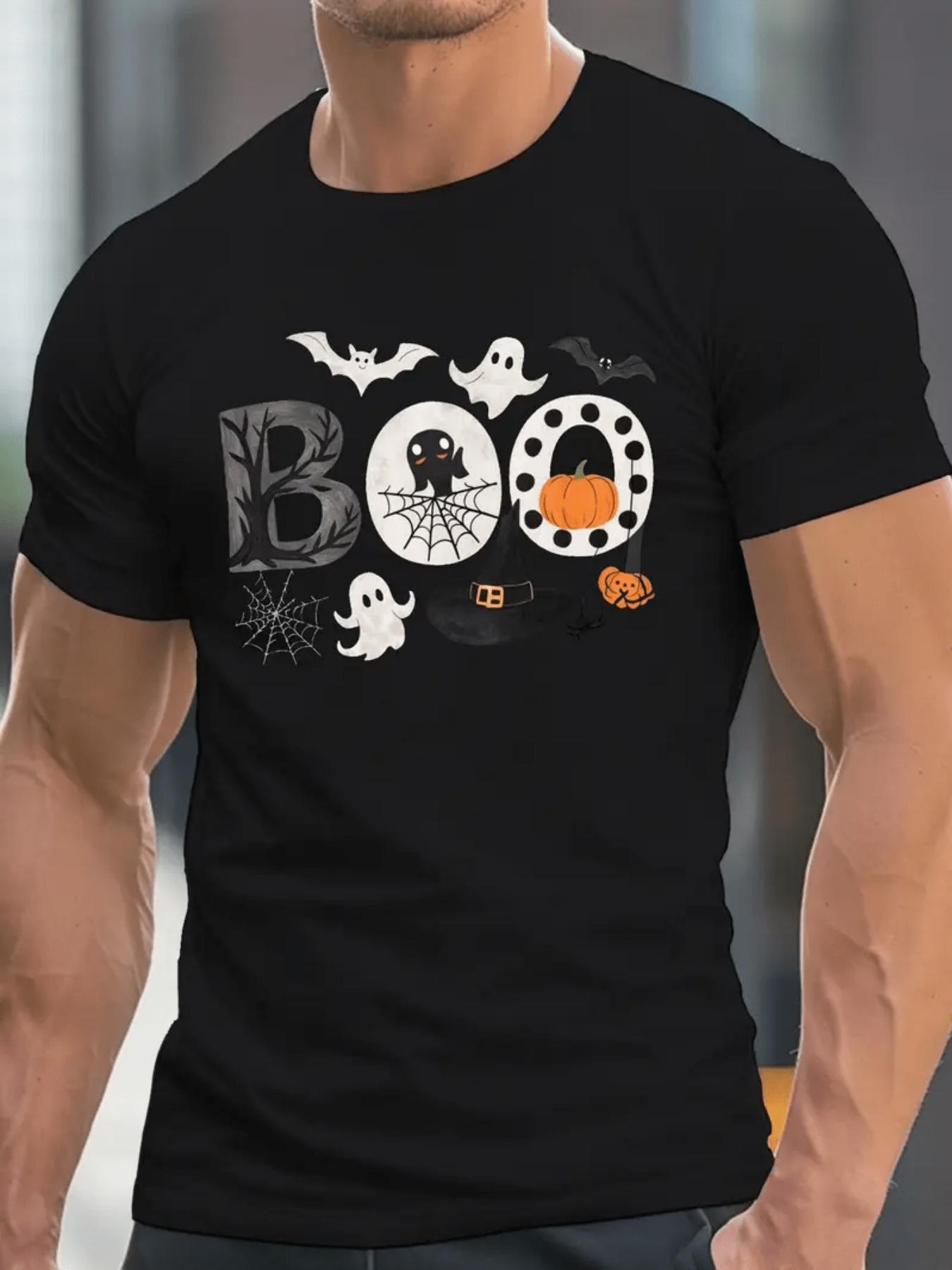 

Чоловіча Хелловінська Графічна Футболка Моторошна Футболка з Написом BOO з Кажанами Гарбузами Легка Літня Футболка для Костюмованих Вечірок 3XL