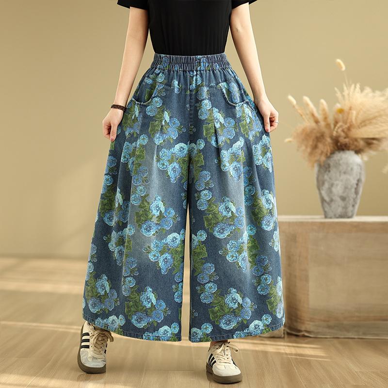 

DIMANAF 2025 Весна Женские Джинсы Длинные Брюки Шаровары Высокая Посадка Эластичные Базовые Повседневные Синие Брюки с Цветочным Принтом 2XL синий