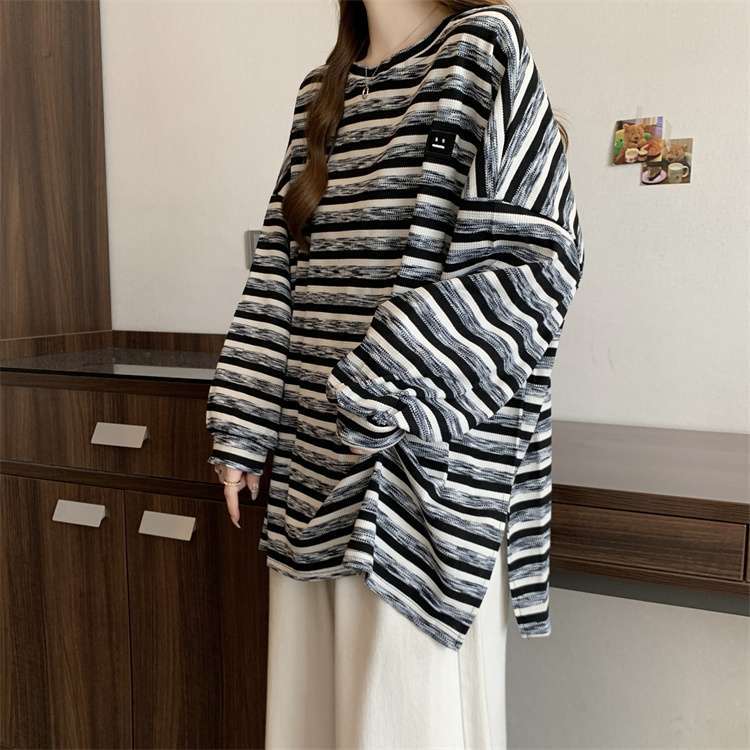 Plus Size Women Spring Autumn Long Sleeve T-shirts Vintage Striped Loose Casual Tops Oversized Crew Neck Tshirts