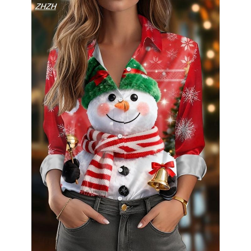Christmas Women's Snowman Print Blouse, Elegant Shirt Collar Design, Vintage Holiday Office Wear, Fall Winter Work Daily Fashion