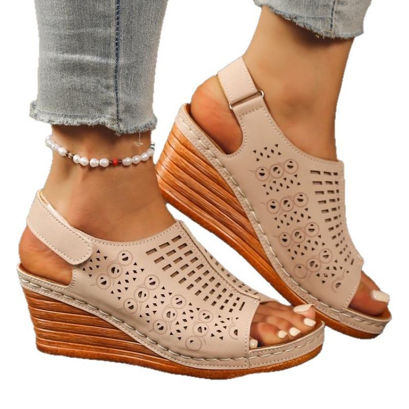 Summer new retro women's sandals fish mouth open toe hollow slope heel sandals casual wear platform sandals women