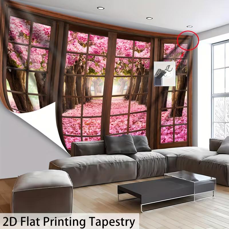 2D Japanese Sakura Tapestry Window View of Pink Blossom Forest Wall Hanging 47.2x31.5inch/120*80cm