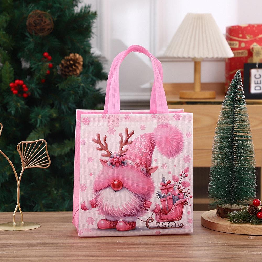 StoBag Pink Christmas Gift Bags Cute Santa Sleigh Design Non-Woven Holiday Tote Bags for Girls’ Winter Parties and Candy