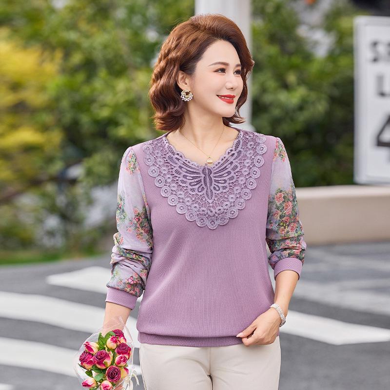 Mom s Spring Chic Chiffon Sleeve Top: Long Sleeve T-shirt for Middle-Aged & Elderly Women XXXL (120-130 jin) фиолетовый