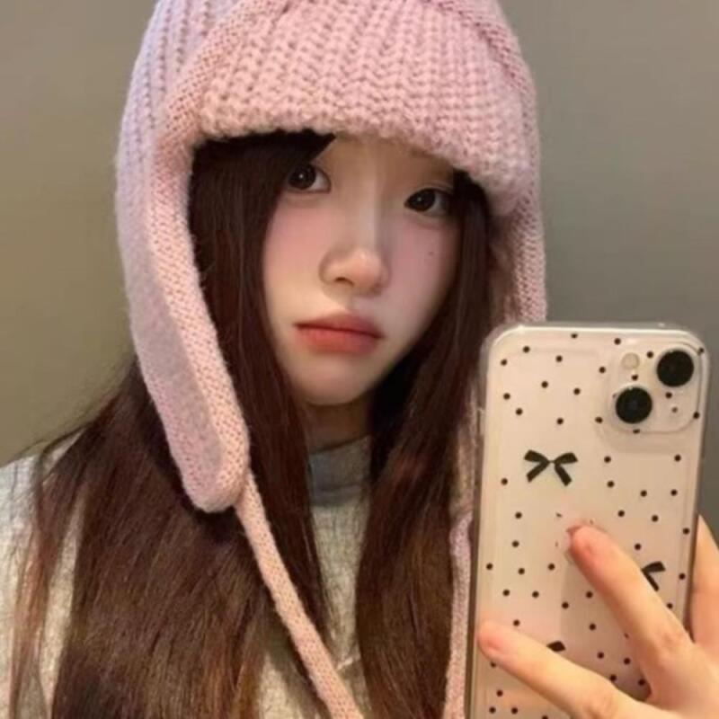 Women s Sweater Bonnet Hat with Chin Strap C8683_Pink