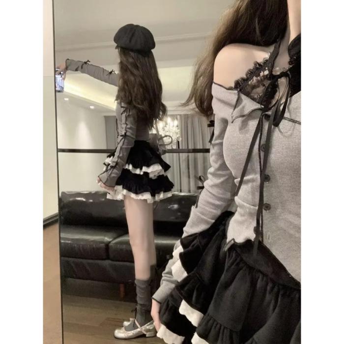 

Французский шикарный кружевной топ с бантом и халтернеем с длинными рукавами для женщин Medium