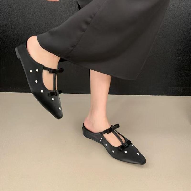 

Модные французские туфли-полуслипперы с острым носком и стразами для женщин, весна-лето, новинка, женские элегантные туфли-полуслипперы с бантом-бабочкой для юбки 35 чёрный