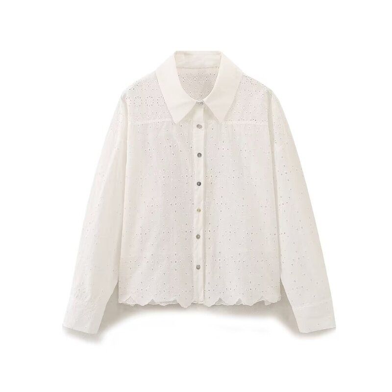 Fashion Style 2024 Summer New Female Long Sleeve Lapel Hollow Embroider Shirt Mid Waist Skirt 3666088