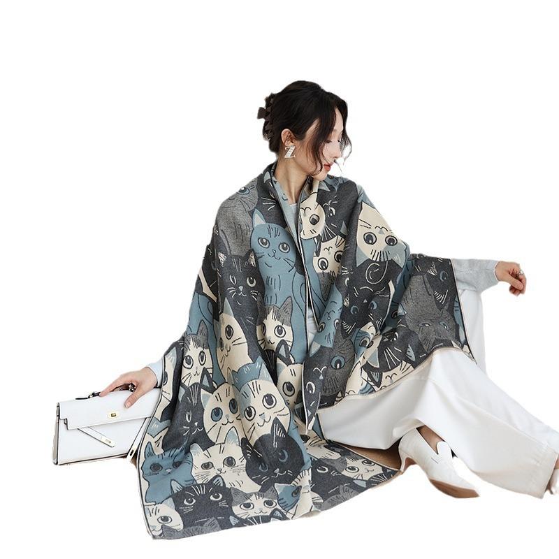 New Double Sided Cute Cat Imitation Cashmere Scarf for Women In Autumn and Winter Thickened and Warm Versatile Shawl  Fashionable Scarf