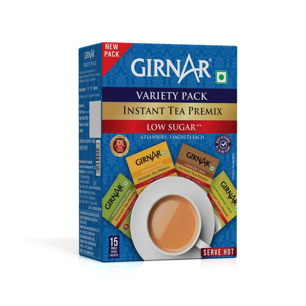 Girnar Instant Tea Premix Low Sugar Variety  15 Sachets Masala Ginger Cardamom Lemongrass