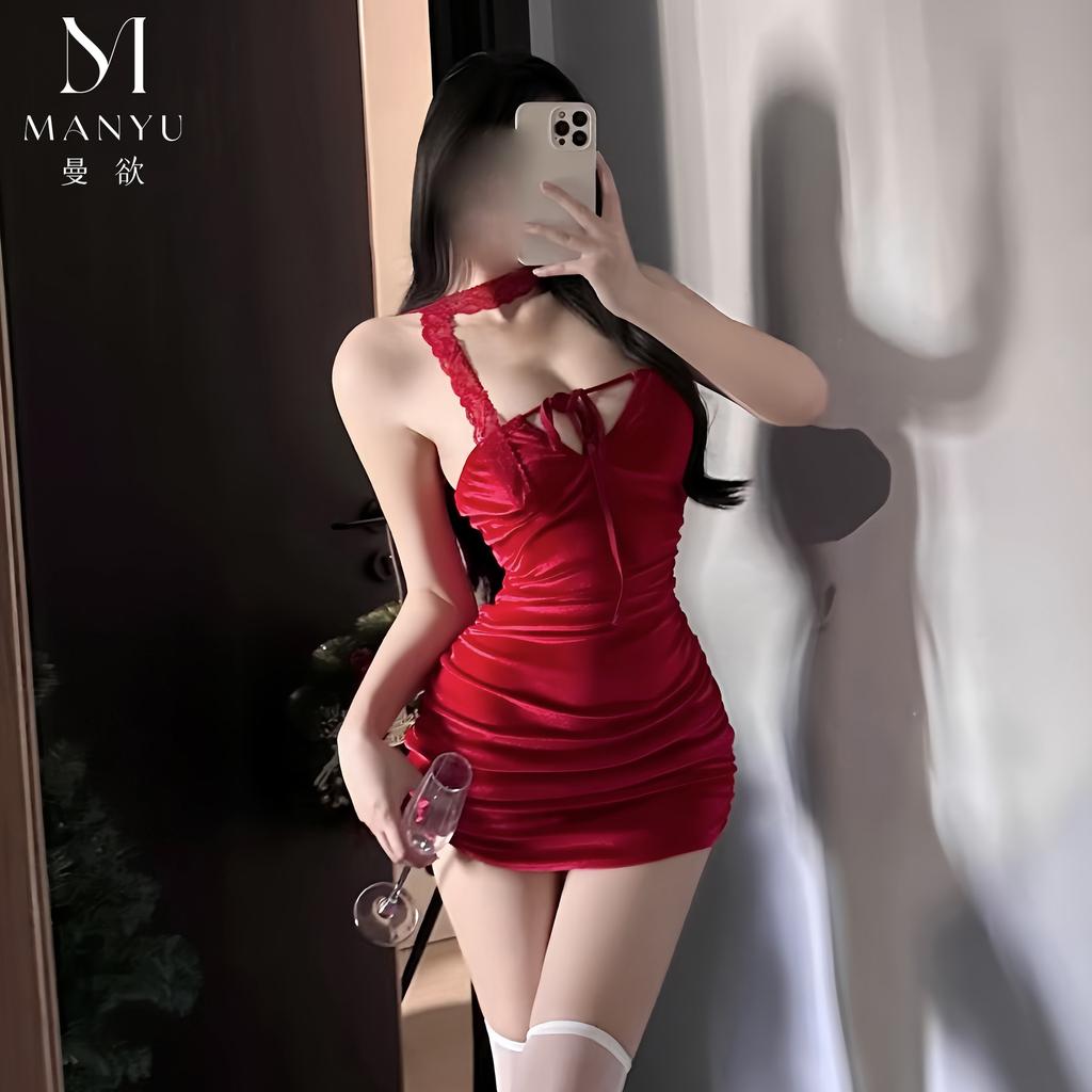 Man Yu original erotic underwear off-the-shoulder beautiful back red Christmas outfit tube top pleated pure desire hip skirt 8014
