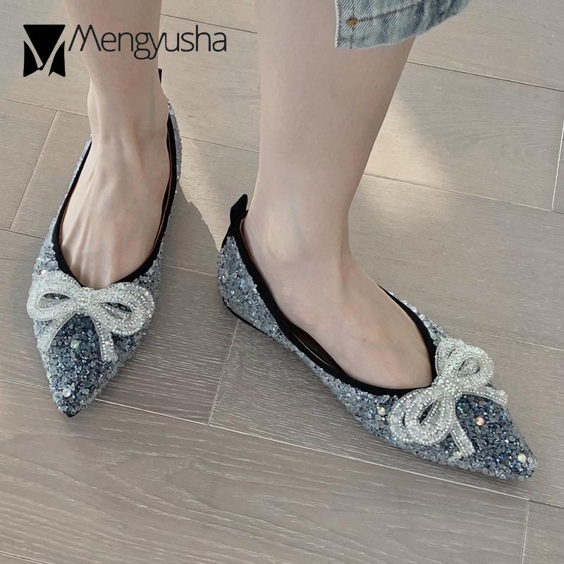 2024 Glitter Flats Shoes Woman Crystal Sequins Ballerina Shallow Pointed Toe Loafers Ladies Dress Office Bow Moccasins Ballets