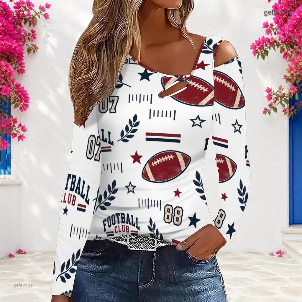 Women Plus Size White Asymmetric Cutout Neck Cold Shoulder Long Sleeve Sailboat Printed Top