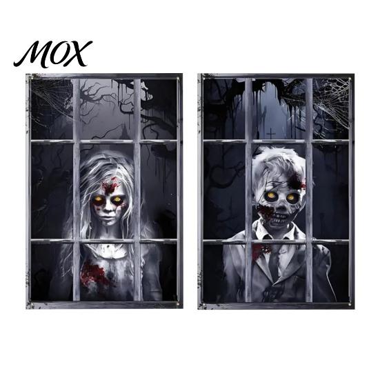 Holiday Window Display 2Pcs Halloween Horror Clings, 80x120cm Spooky Ghost Skeleton Haunted House Decorations Decal Stickers for Glass, Party Sign in