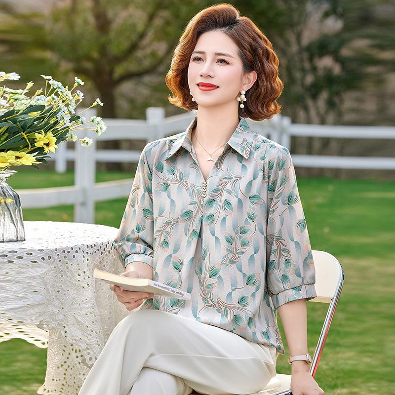 

2026 Summer Fashion Casual Large Size Short Sleeve Print Shirt for Moms and Mother-in-Laws 3XL (suggested 115-130 lbs) зелёный