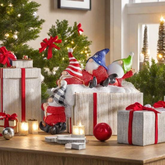 Vánoční soška skřítka na poličku, stolní dekorace, závěsná na okraj poličky, čtyři bez tváře, trpasličí dekorace, vánoční večírek, pryskyřičná figurka, domácí kancelář, ozdoba