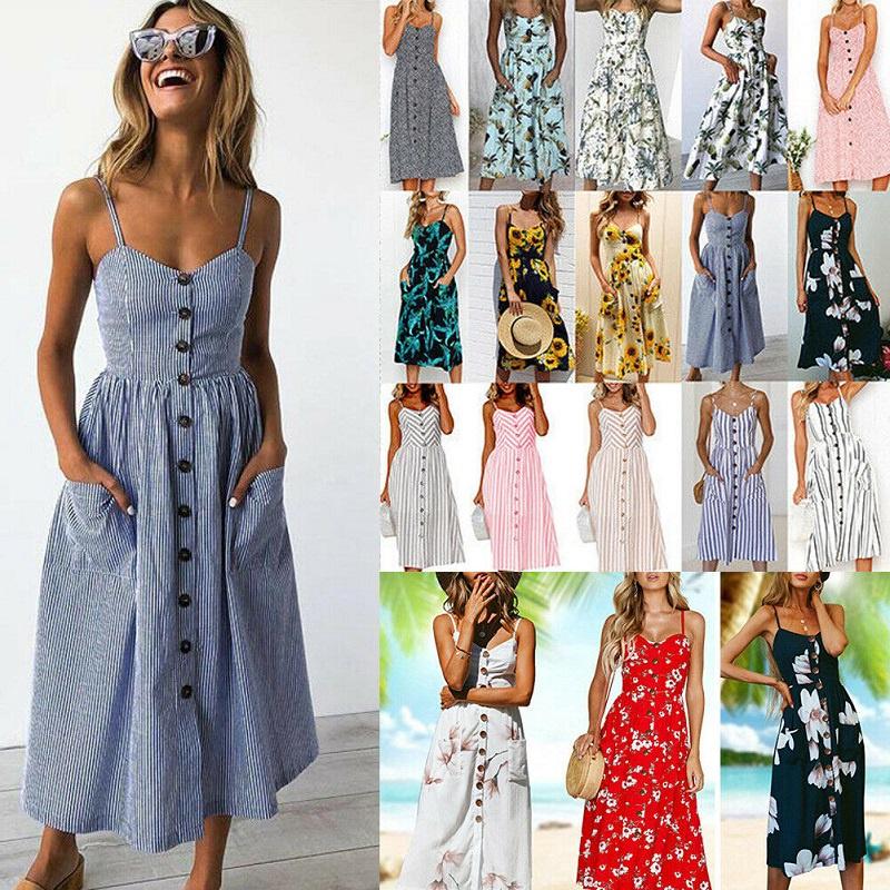 Stylish Boho Women's Summer Beach Midi Dress With Strappy Design And Button Pockets