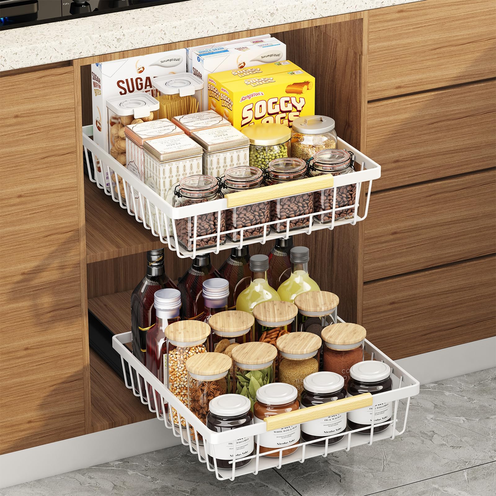 

Выдвижной шкаф-органайзер, прочные выдвижные ящики, закрепленные клейкой нанопленкой, выдвижные полки для кухонных шкафов 1 Pack белый