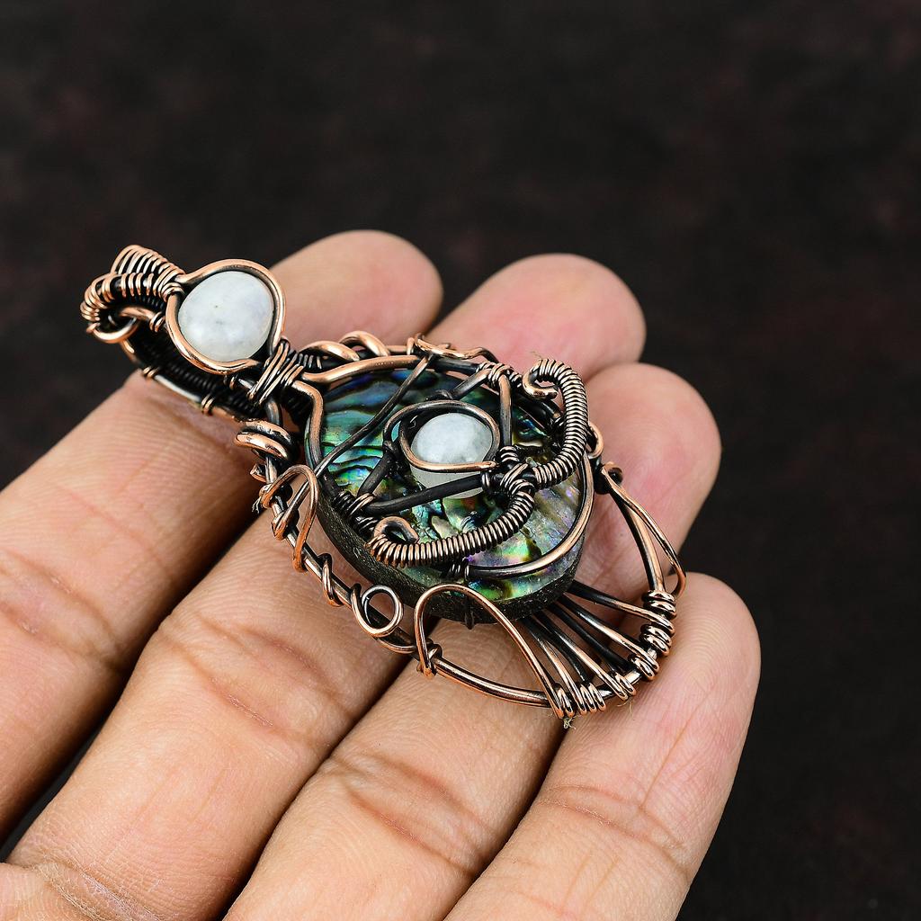 Evil Eye Abalone Shell Copper Wire Wrapped Pendant Rainbow Moonstone Gemstone Copper Jewelry Handmade Pendant Gift For Him Evil Eye Jewelry