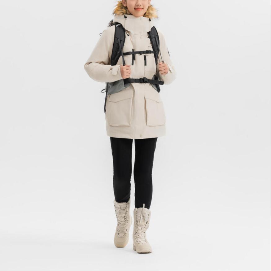 DECATHLON SH900 QUECHUA Minimalist Letter Warm Waterproof Hooded Down Jacket Women's Cream Beige