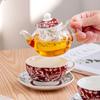 Red Flower Design Tea for One Set Glass Teapot Porcelain Saucer and Teacup Strainer Coffee Cup with Gift Box