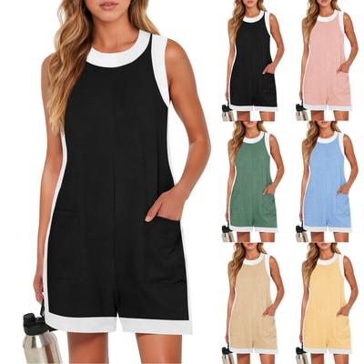 Women Short Cropped Sleeveless Loose Fit Romper Pockets Casual Jumpsuits