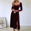 Amazon New French Elegant Valentine's Day Split Dress Christmas Velvet Solid Color Square Neck Dress Women