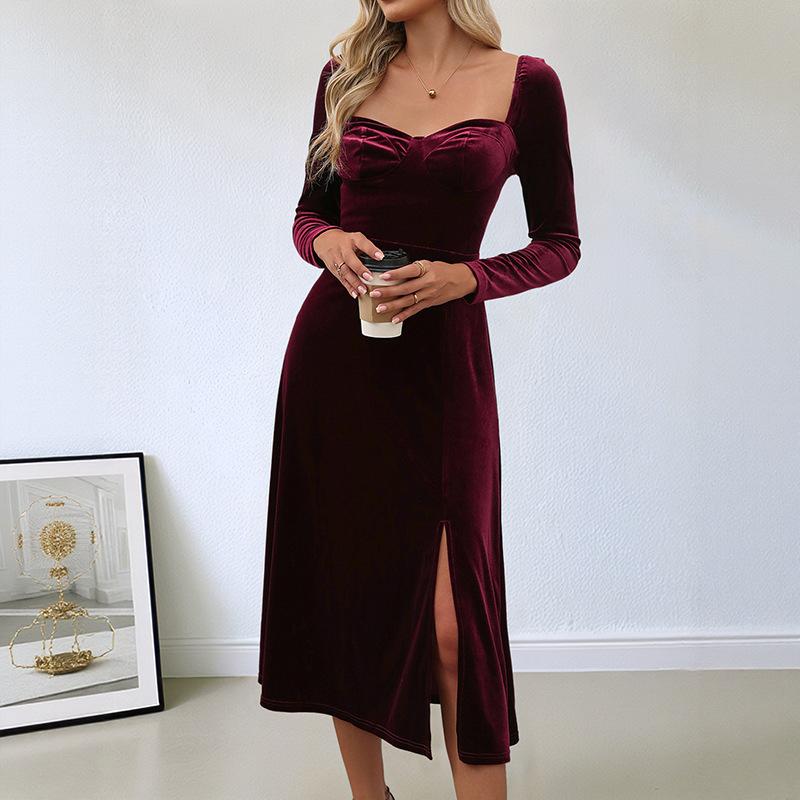 Amazon New French Elegant Valentine's Day Split Dress Christmas Velvet Solid Color Square Neck Dress Women