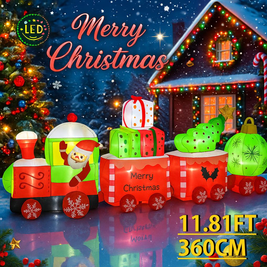 11.81FT Holiday Lighting With LED Lights Giant Christmas Inflatable Decoration Santa Train Xmas Garden Supplies Home Ornaments
