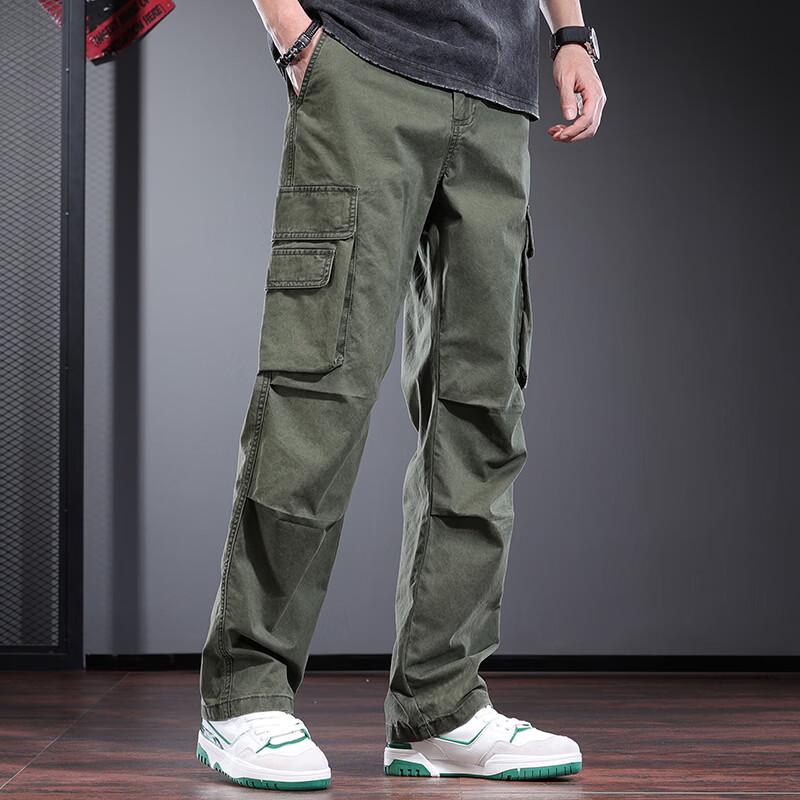 Jie Leinuo Men's Casual Multi-Pocket Loose Straight Leg Cargo Pants
