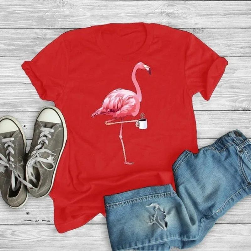Flamingo Kaffetryck T-shirt Kvinnor Kortärmad O-hals Lös T-shirt Sommar Kvinnor T-shirt Toppar Camisetas Mujer